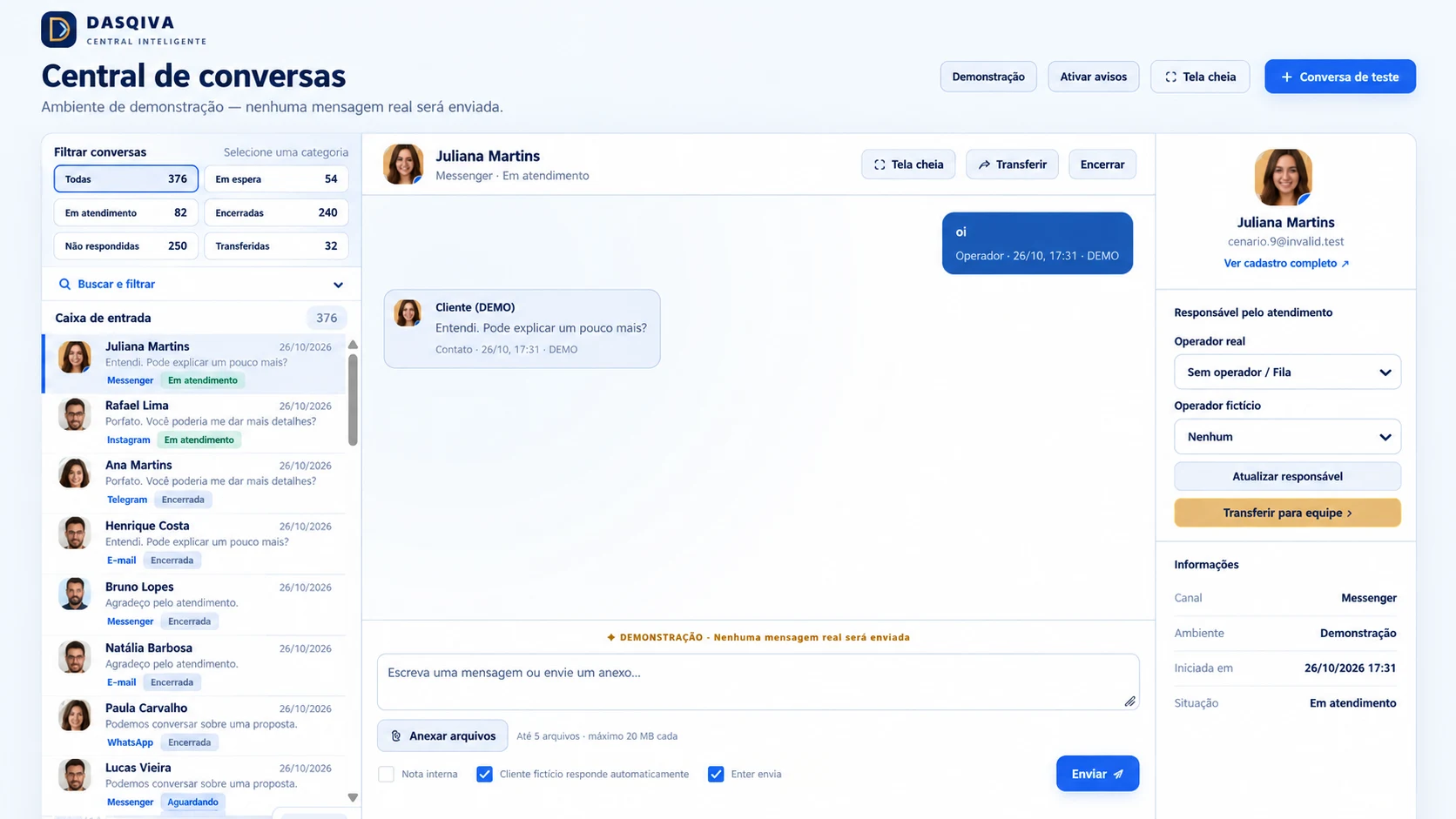 Central de conversas — visual demonstrativo, sem dados reais