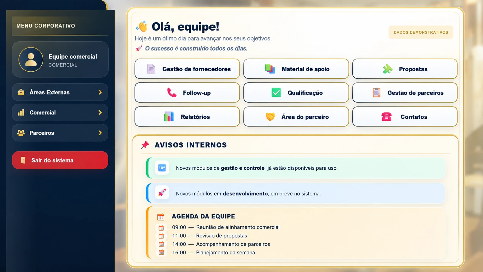 Gestão Comercial Integrada — visual demonstrativo