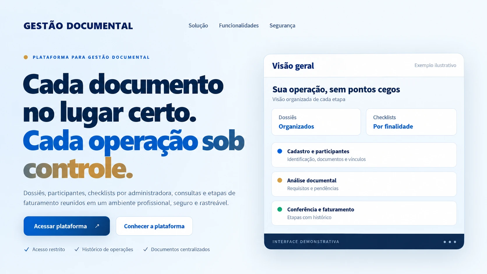 Apresentação da plataforma — visual demonstrativo, sem dados reais