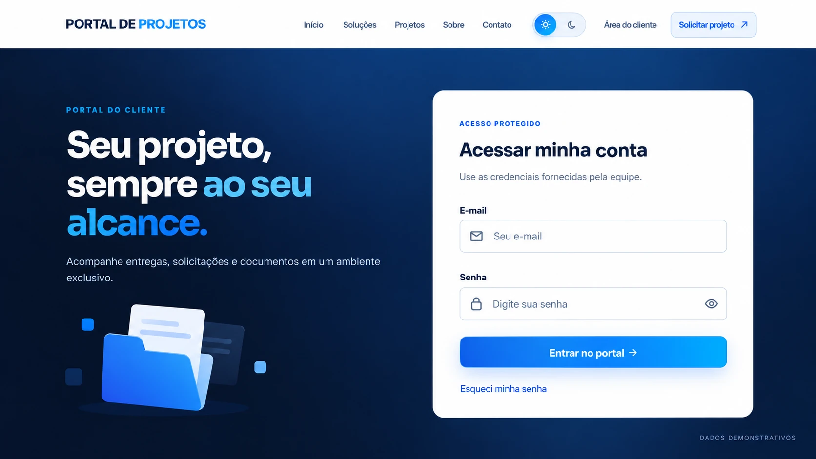 Acesso ao portal — visual demonstrativo, sem dados reais