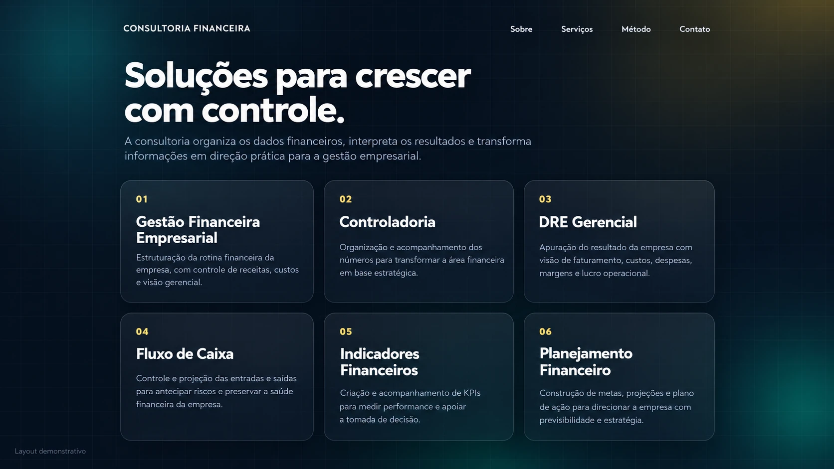 Serviços financeiros — visual demonstrativo, sem dados reais