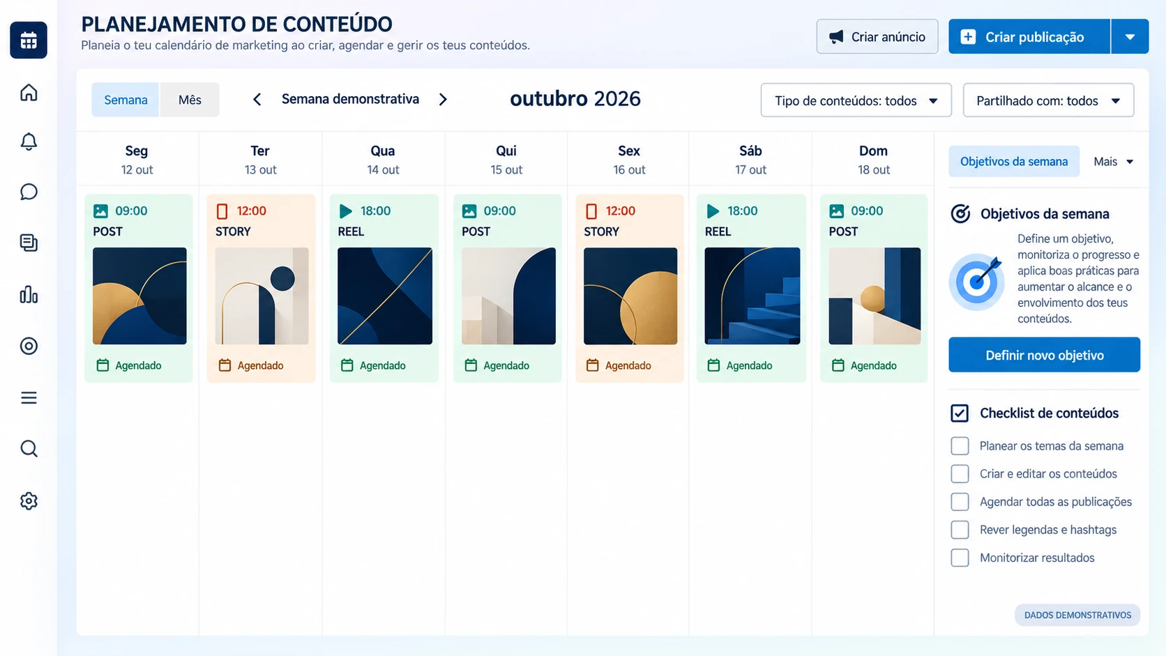 Planejamento semanal de conteúdo — Mídias, Identidade & Vídeos