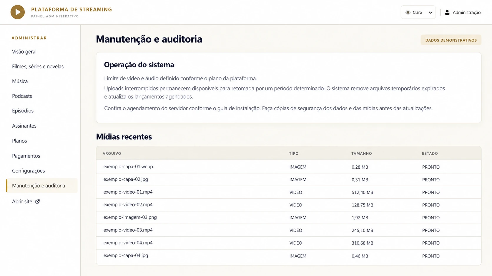 Administração das mídias — Plataforma de Streaming